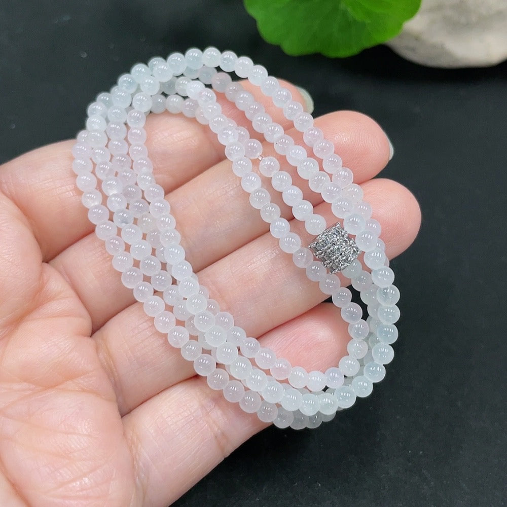 HUILIU HQ jadeite beaded necklace with 3.4mm beads, approximately 14.36g, featuring smooth, polished jade stones without gold inlay.