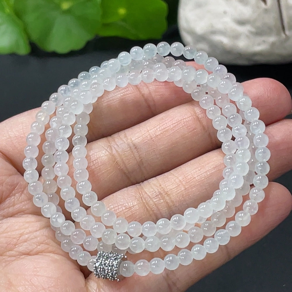 HUILIU HQ jadeite beaded necklace with 3.7mm beads, 16.1g weight, featuring a non-gold clasp, on a plain background.