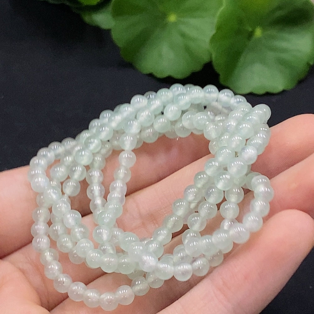 HUILIU HQ jadeite beaded necklace with 3.9mm beads, non-gold inlaid, weighing approximately 19.23g, natural green jade color.