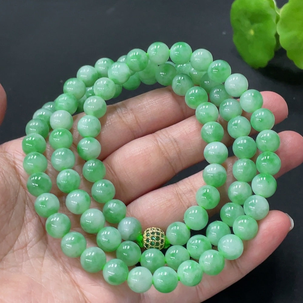 HUILIU HQ jadeite beaded necklace with 7.9mm beads, weighing approximately 69.88g, featuring non-gold matching beads.