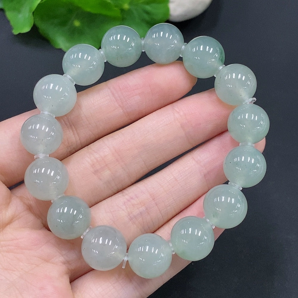 HUILIU HQ jadeite bracelet with 12.5mm beads, showcasing smooth, polished green jade stones, total weight approx. 51.2g.