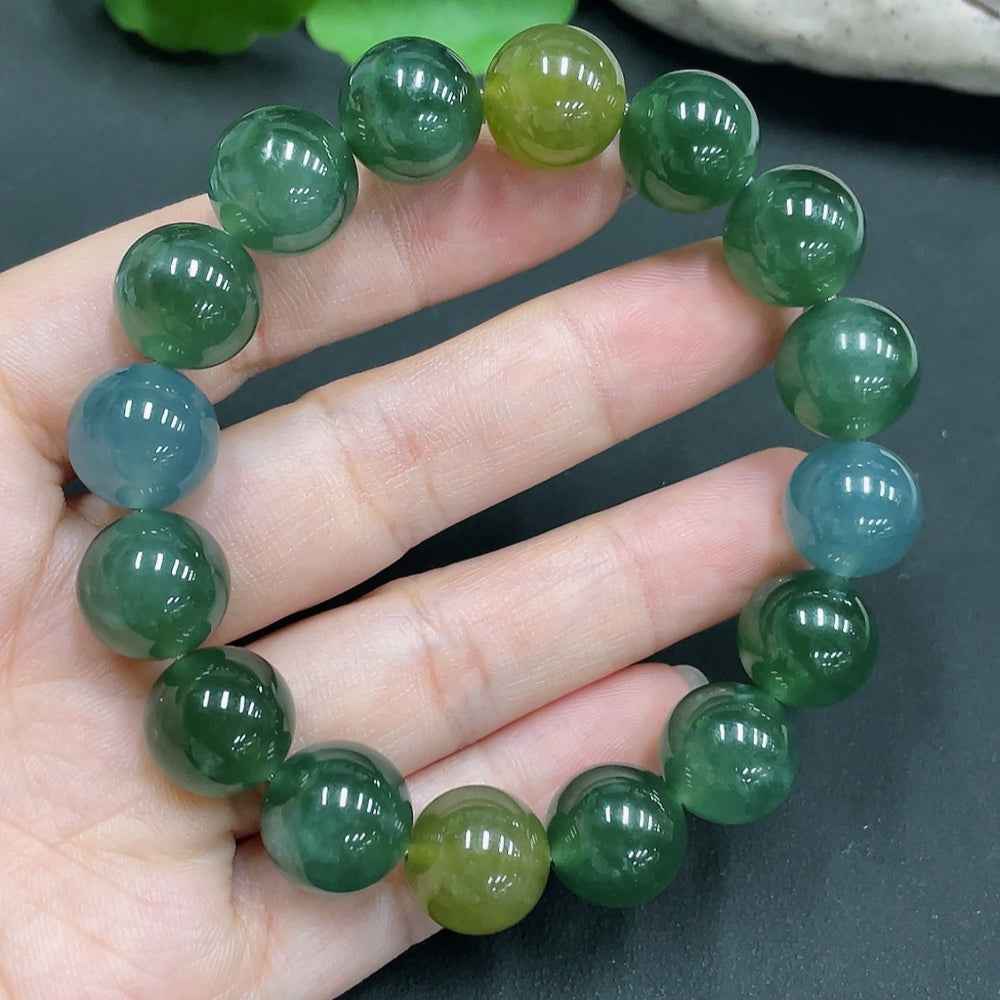 HUILIU HQ jadeite bracelet with 12.8mm diameter and 57.3g weight, featuring smooth, polished jade stones.