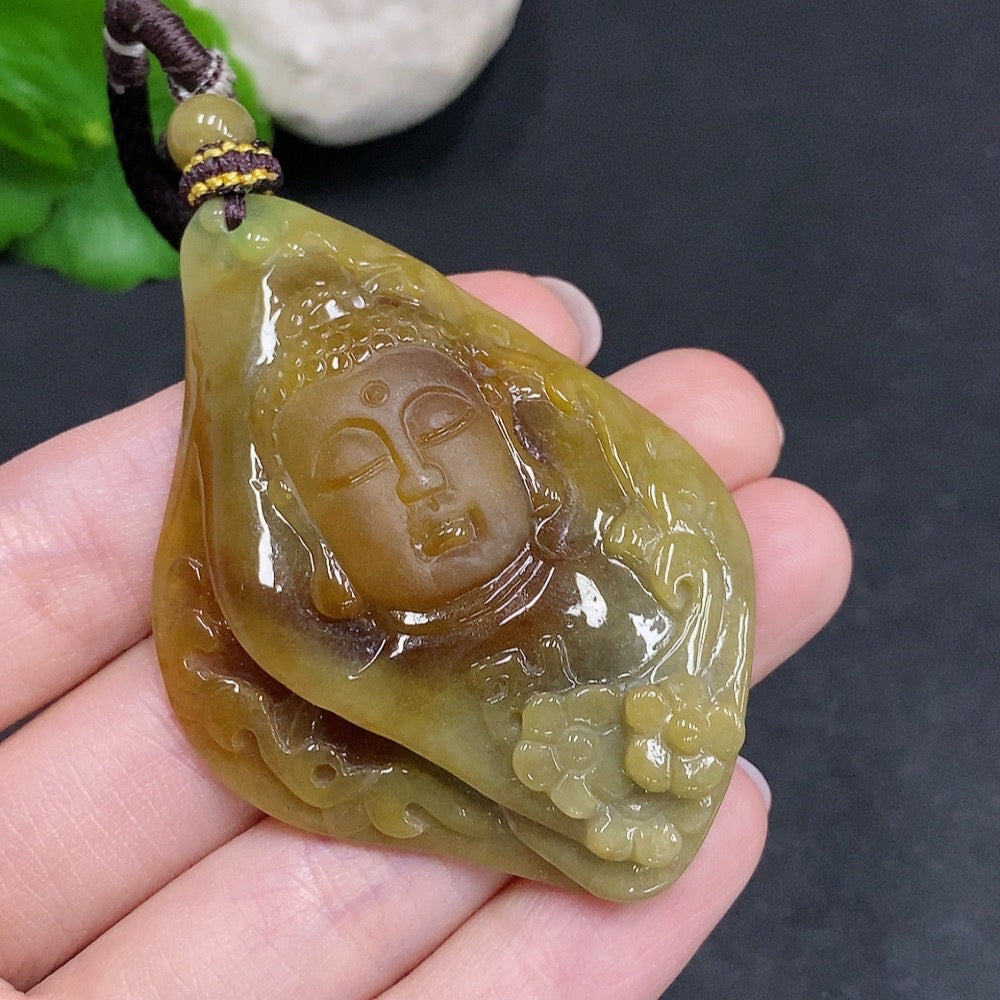 Jadeite Buddha flower pendant from HUILIU HQ featuring a detailed carved Buddha figure on a smooth jade pendant.