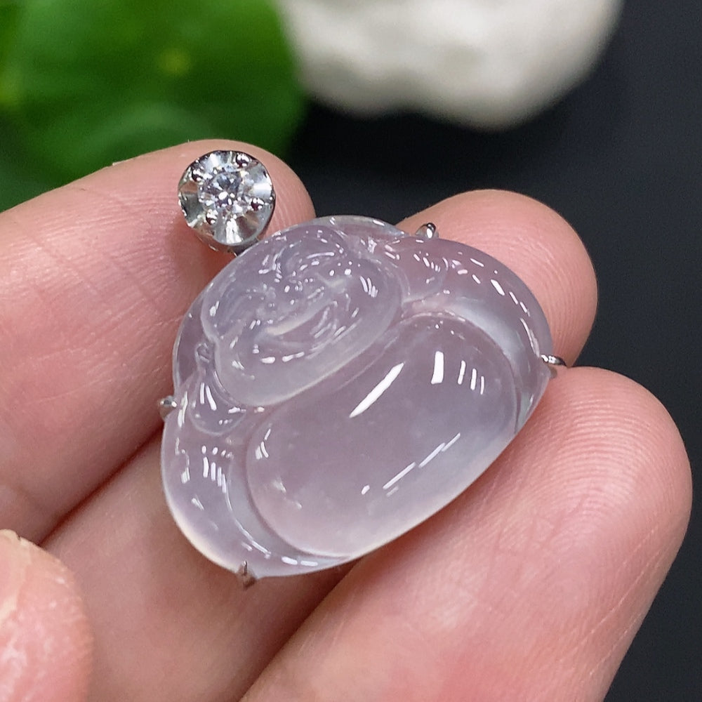 Jadeite Buddha pendant inlaid with 18K gold, HUILIU HQ, lightweight around 4g, featuring intricate jade craftsmanship.