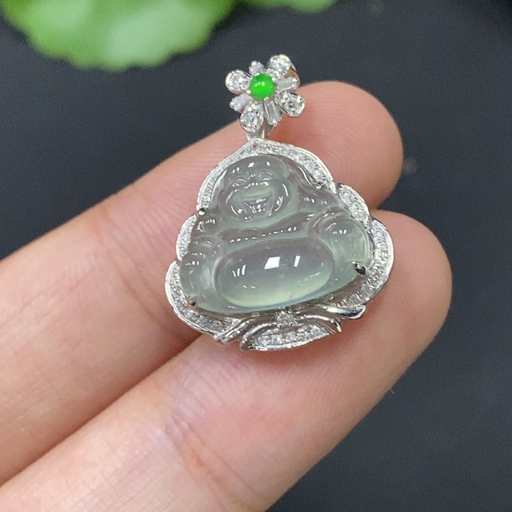 Jadeite Buddha inlay piece by HUILIU HQ featuring 18k gold inlay, weighing approximately 2.55g, detailed jade craftsmanship.