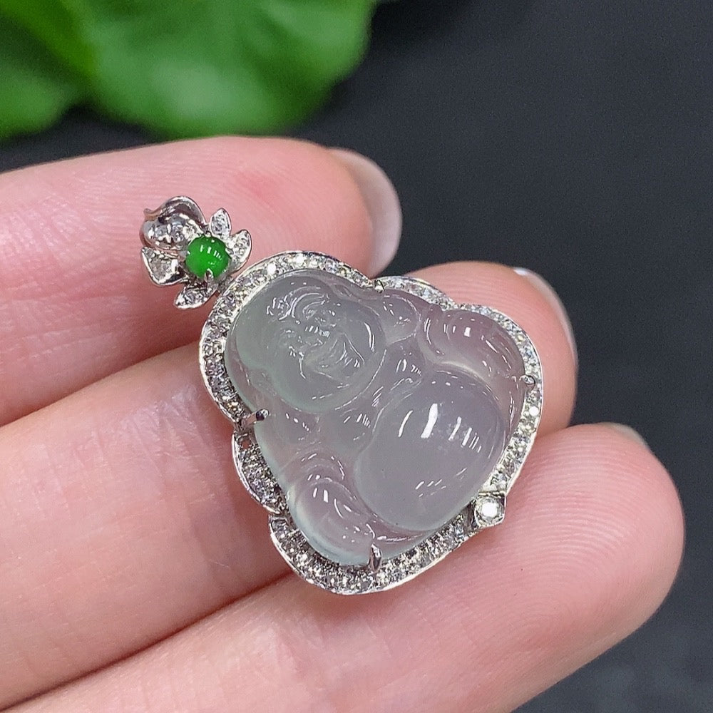 HUILIU HQ Jadeite Buddha pendant with 18k gold and diamond accents, featuring intricate carved jade design.
