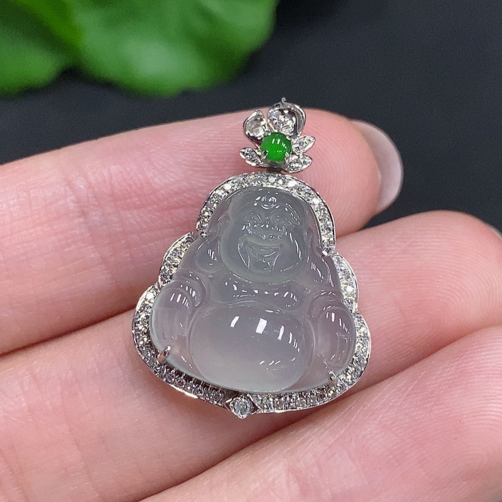 Jadeite Buddha pendant by HUILIU HQ with 18k gold and diamond accents, weighing approximately 2.8 grams.