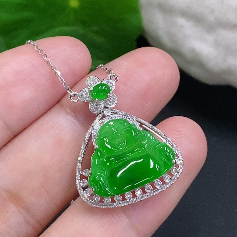 Jadeite Buddha pendant set in 18K gold with diamond accents, featuring a jade Buddha pendant and matching chain.