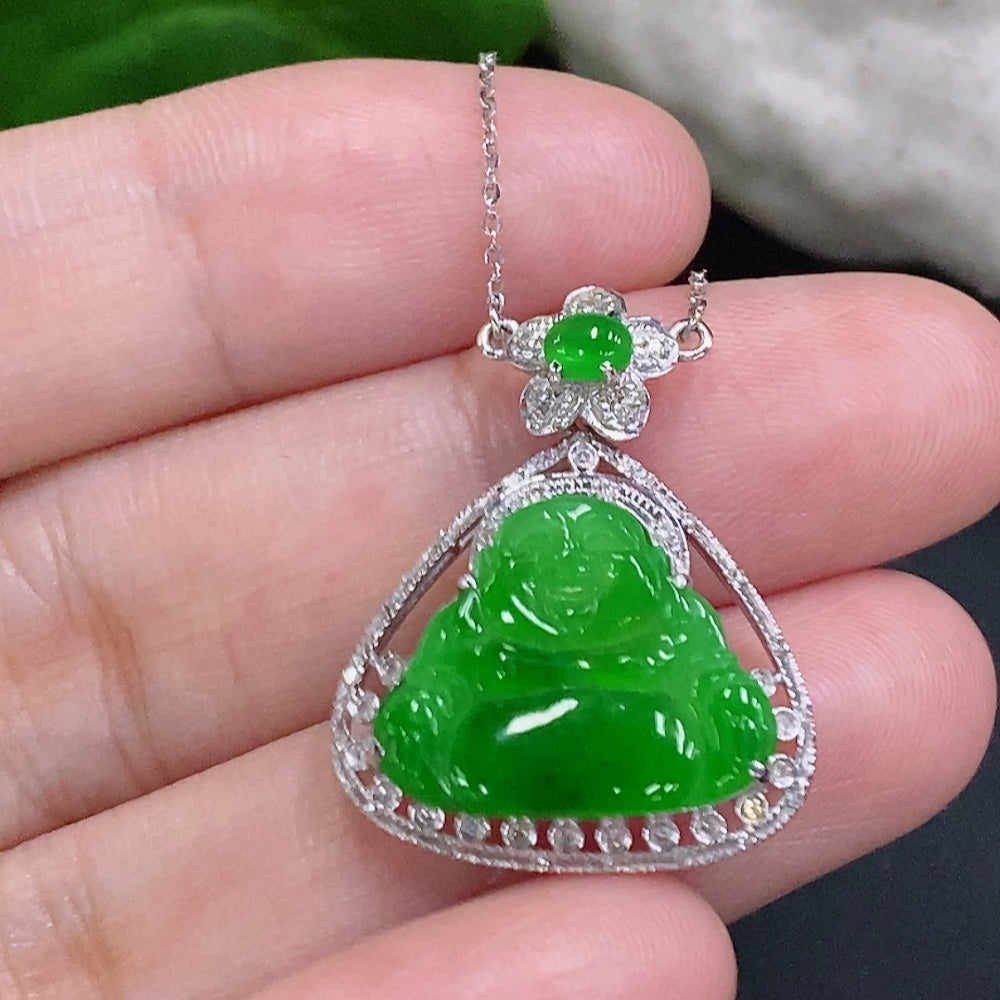 Jadeite Buddha pendant set in 18K gold with diamond accents, including chain, weighing approximately 3.4g.