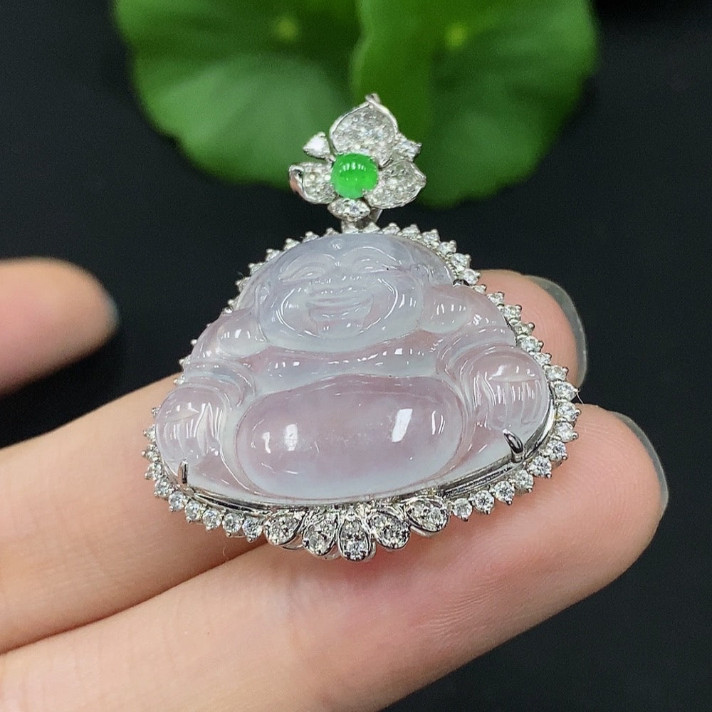 Jadeite Buddha pendant set in 18K gold with diamond accents, featuring a detailed jade Buddha charm and matching chain.