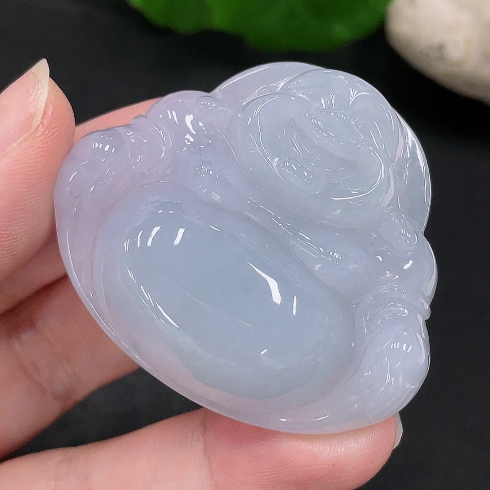 HUILIU HQ jadeite Buddha pendant weighing approximately 38.7g, featuring detailed carved Buddha design on smooth jade surface.
