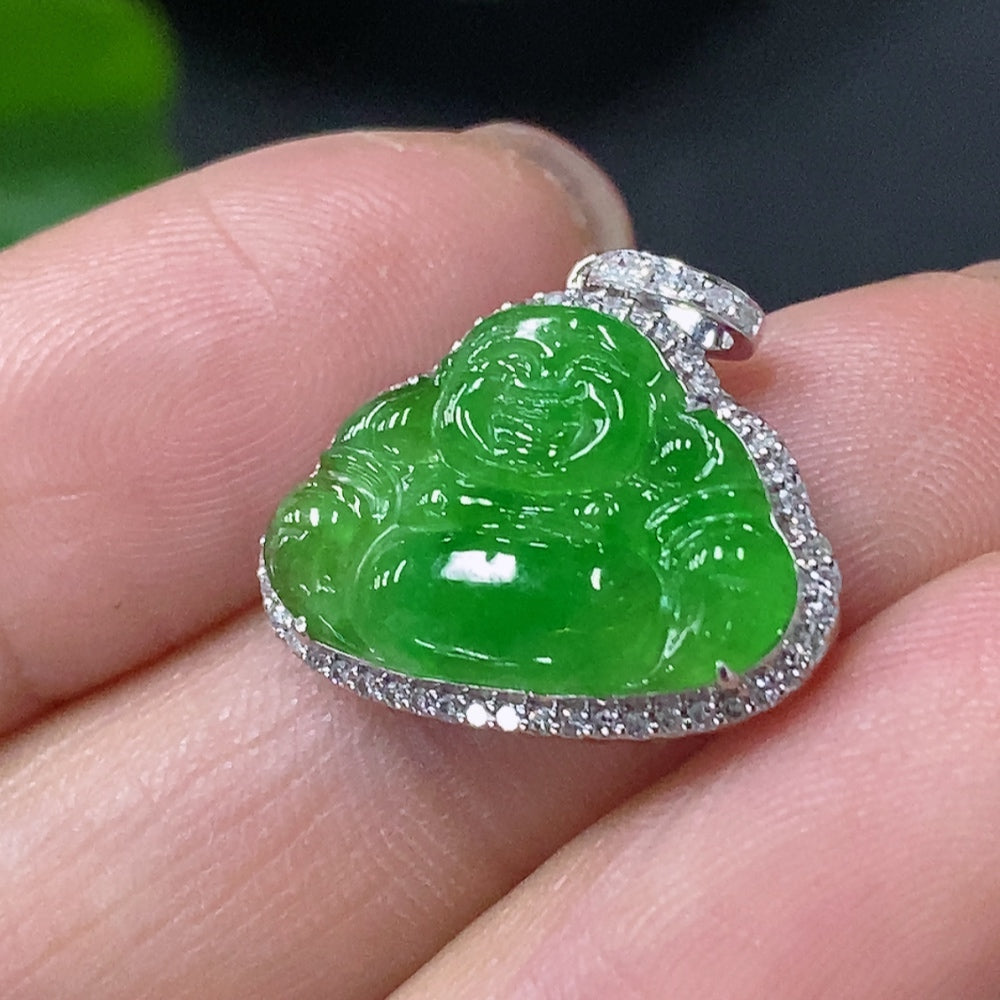 Jadeite Buddha pendant by HUILIU HQ with 18K gold accents and diamond details, showcasing a detailed carved jade figure.