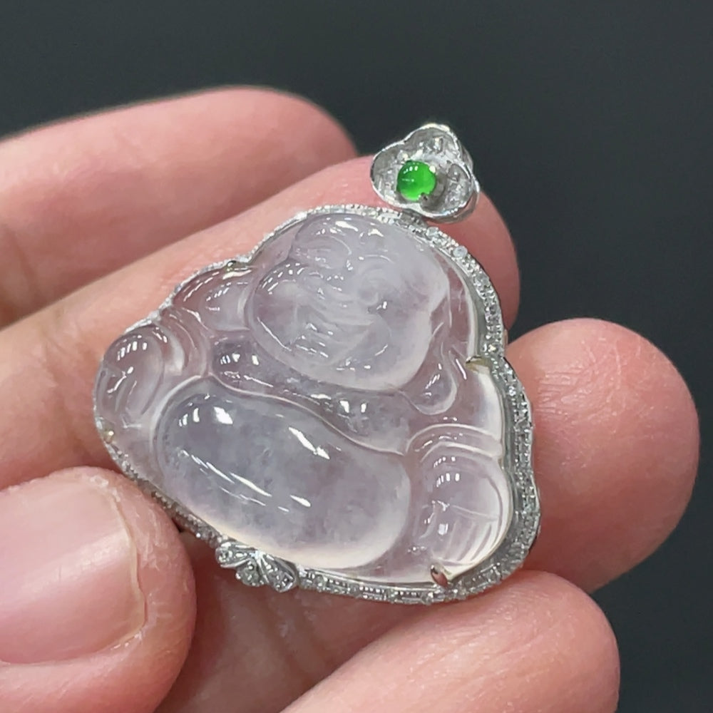 Jadeite Buddha pendant with 18K gold and diamond inlay, crafted by HUILIU HQ, weighing approximately 4.38 grams.