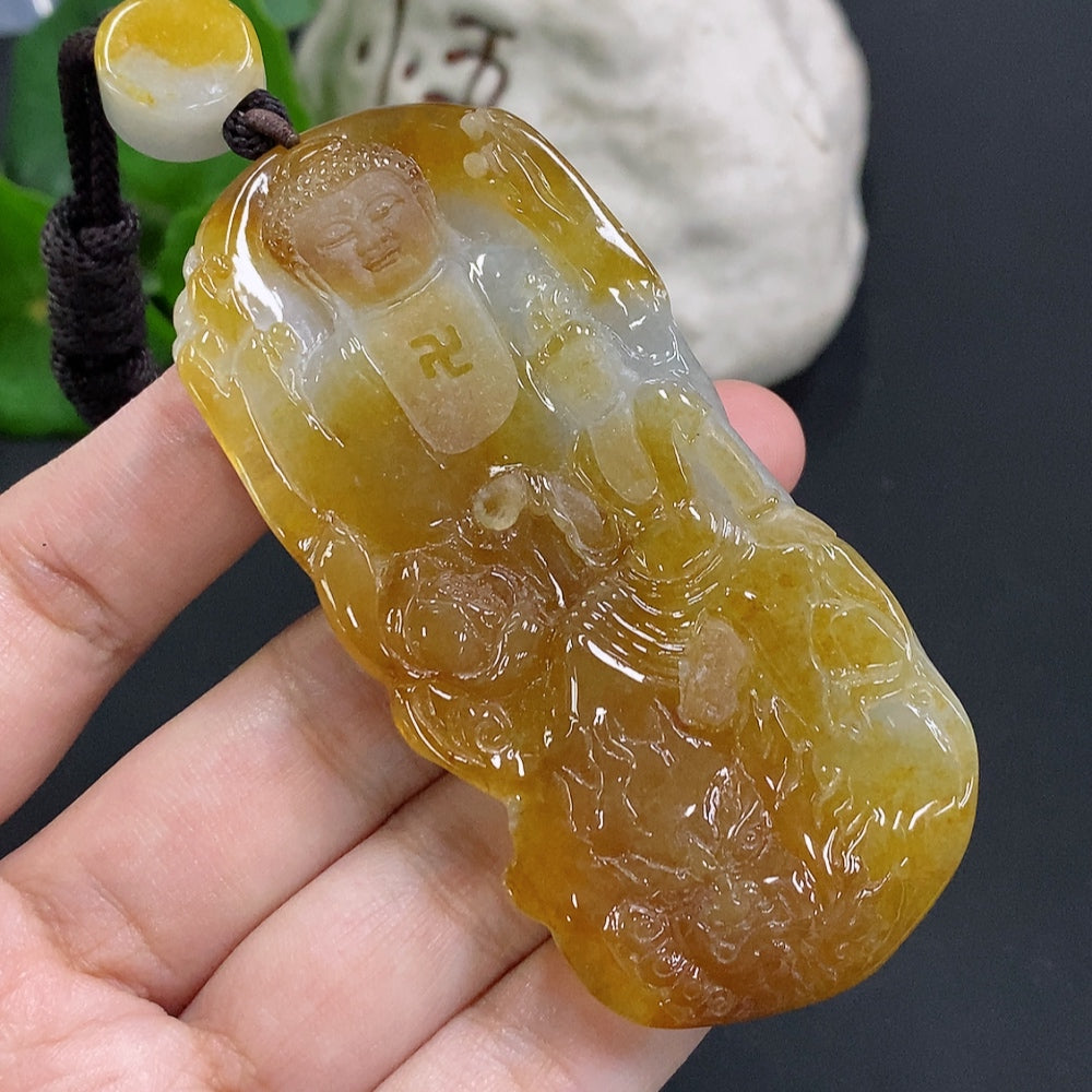 Huiliu Certified Jadeite Buddha pendant on cord, featuring a detailed carved jade Buddha figure, natural green hues and smooth finish.