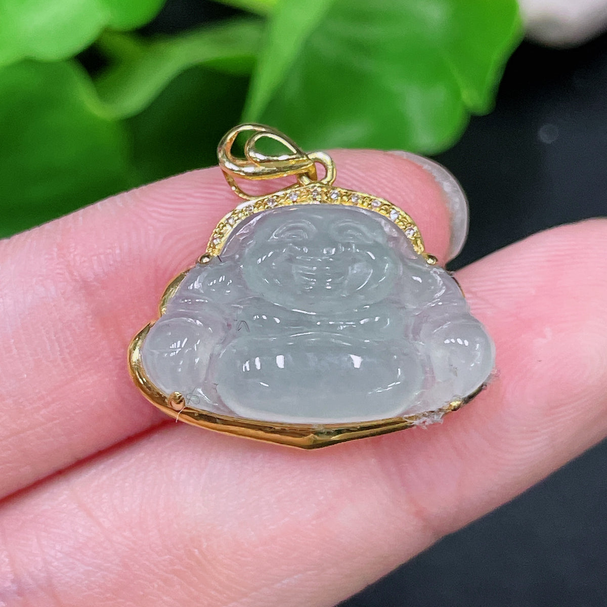 Huiliu Certified Jadeite Buddha pendant with diamond accents, featuring a detailed carved jade figure on a smooth jade background.