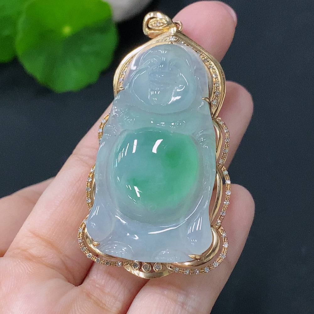 Huiliu Certified Jadeite Buddha pendant with elegant setting and diamond accents, showcasing intricate craftsmanship and vibrant green jade.