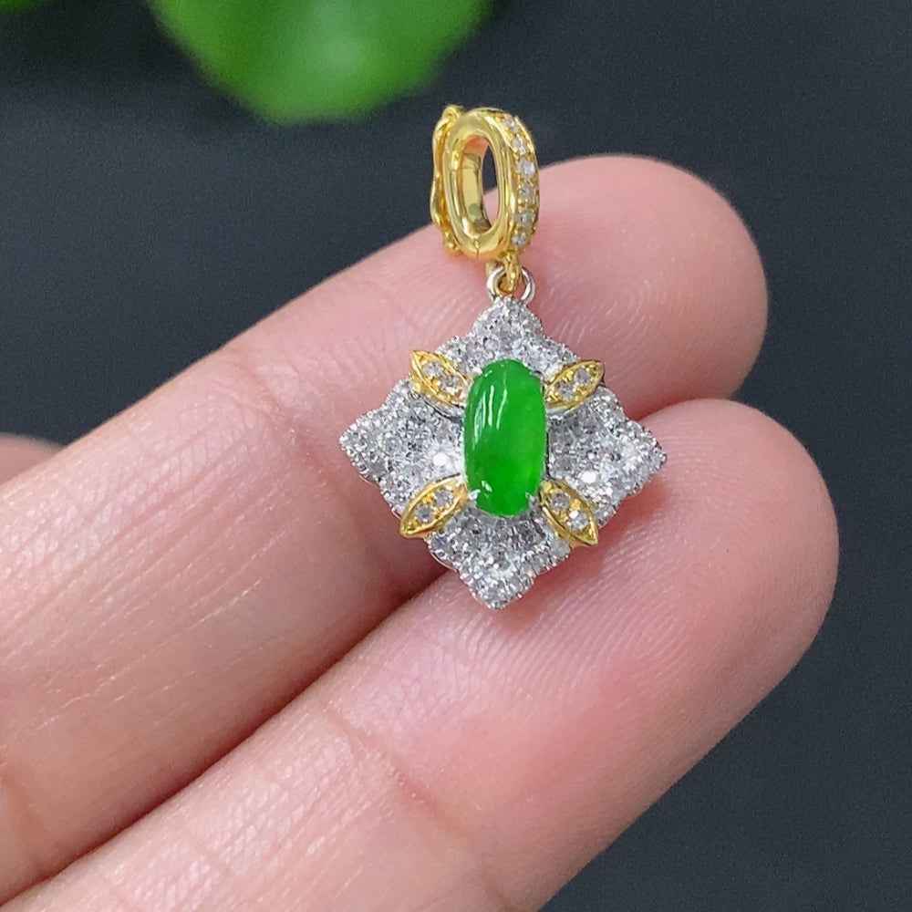 Jadeite cabochon pendant with 18K gold setting, HUILIU HQ, showcasing a smooth green jade stone in a delicate gold frame.