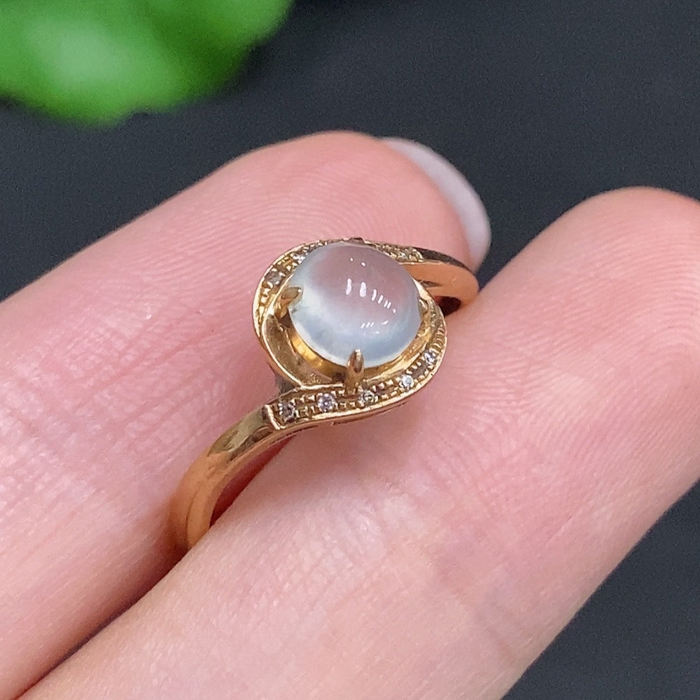 Jadeite cabochon ring with diamond accents in 18k gold, size 13, from HUILIU HQ, featuring a polished green jade stone.