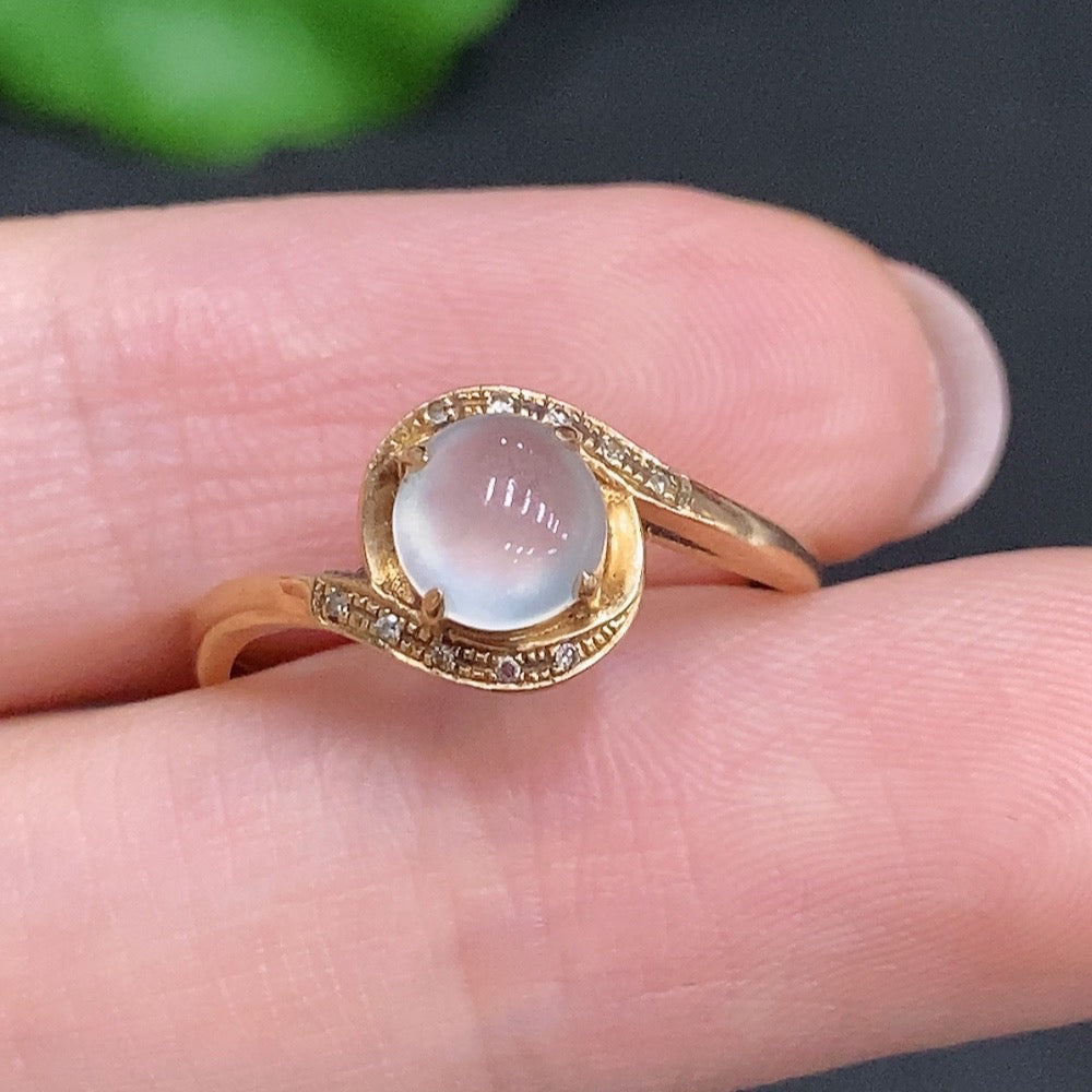 HUILIU HQ jadeite cabochon ring in 18k gold with diamond accents, size 13, featuring a polished green jade stone and elegant design.
