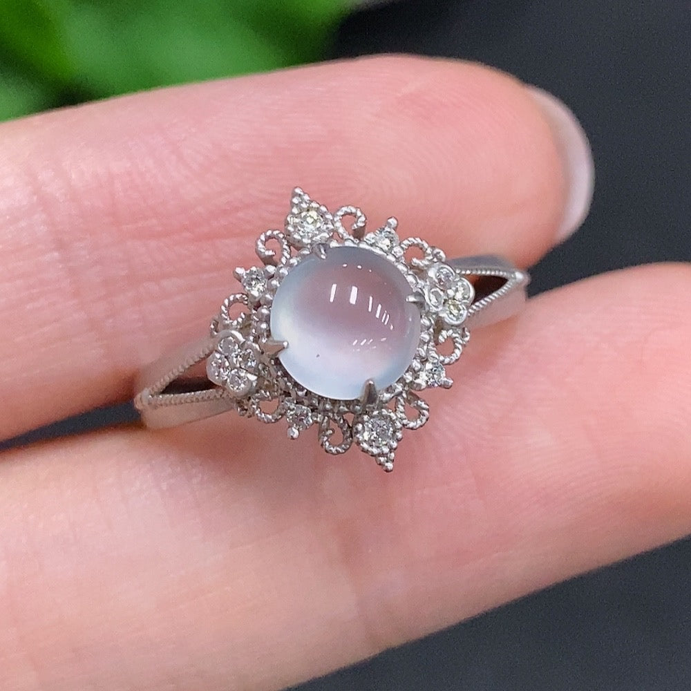 HUILIU HQ jadeite cabochon ring with diamond accents in 18k gold, size 14, weighing approximately 2g.