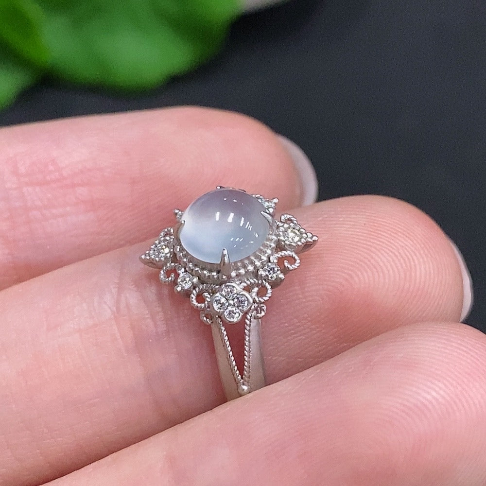 HUILIU HQ jadeite cabochon ring with diamond accents in 18k gold, size 14, featuring a smooth green jade stone and elegant design.