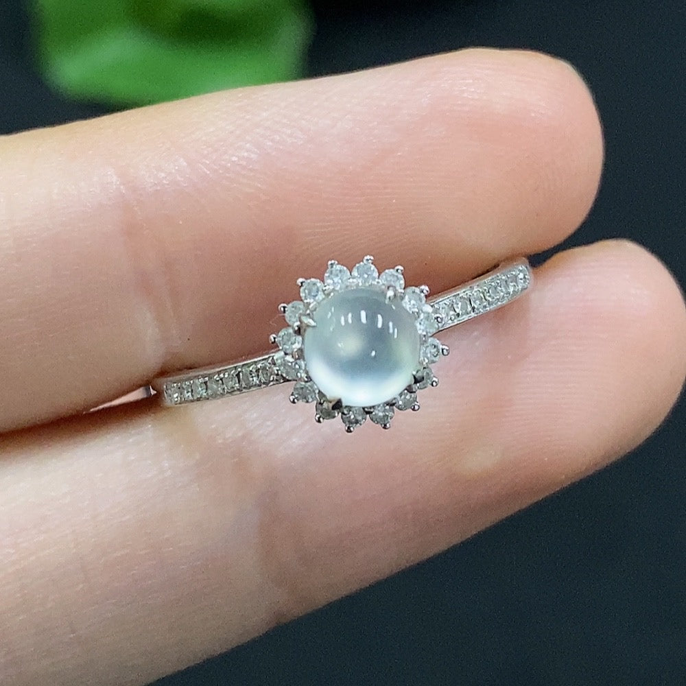 Jadeite cabochon ring with 18K gold band and diamond accents, size 14, by HUILIU HQ, showcasing the smooth green jade gemstone.
