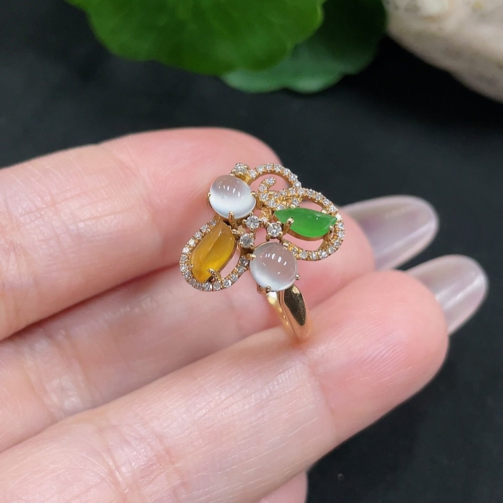 HUILIU HQ Jadeite cabochon solitaire ring in 18K gold with diamond accents, size 15, total weight 2.7g, elegant jewelry piece.