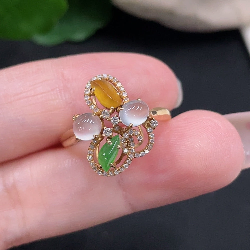 HUILIU HQ jadeite cabochon solitaire ring in 18K gold with diamond accents, size 15, weighing approx. 2.7g.