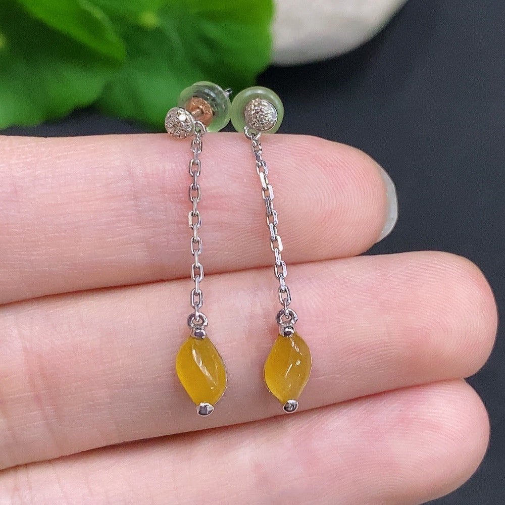 HUILIU HQ Jadeite cabochon stud earrings in 18k gold with yellow color, featuring polished jade stones and gold settings.