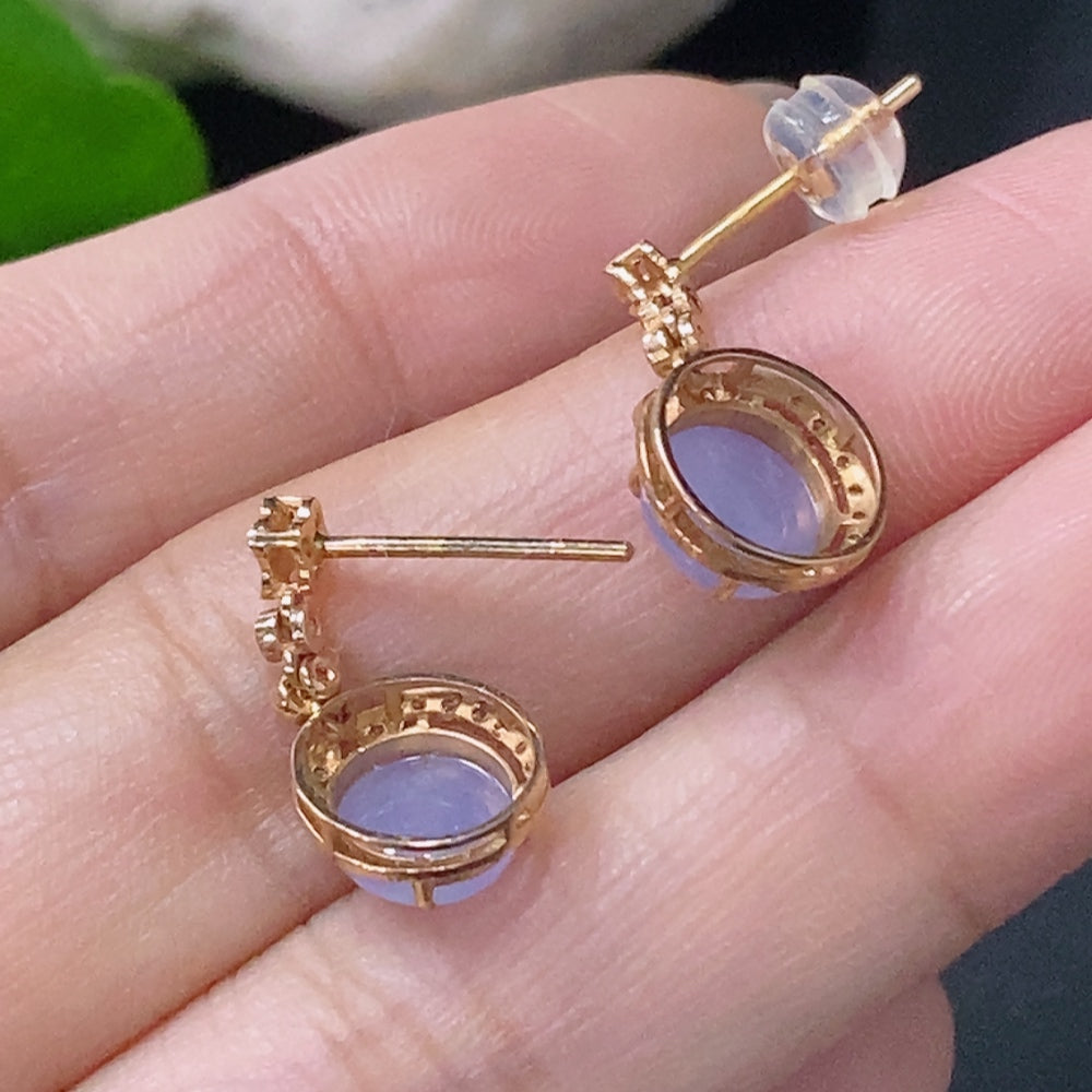 HUILIU HQ jadeite cabochon stud earrings with diamond accents, gold surface with approximately 75% gold content, 1.82g weight.