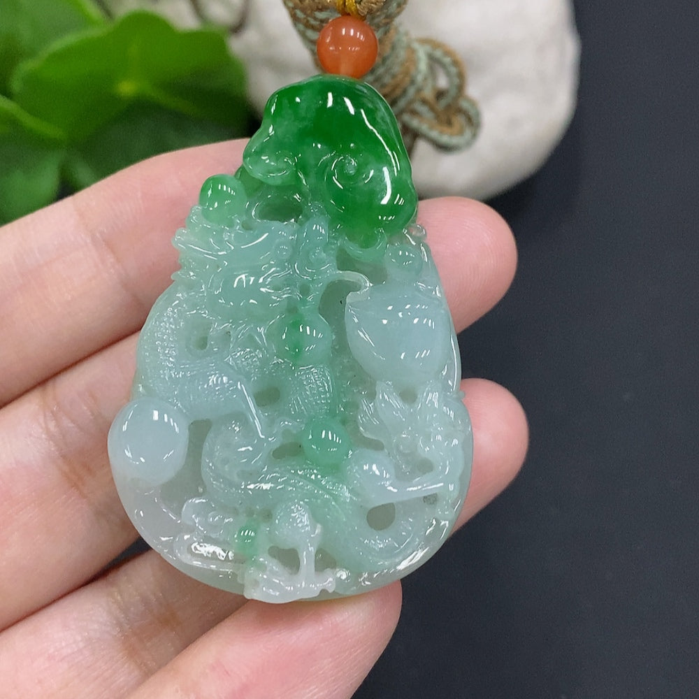 Jadeite dragon pendant with rope, crafted by HUILIU HQ, weighing approximately 25.6g, featuring detailed dragon design in green jade.