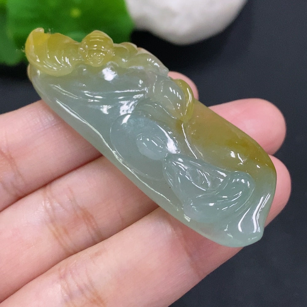 HUILIU HQ Jadeite Enlightenment Pendant featuring a smooth, polished jade jadeite gemstone pendant with intricate carvings.