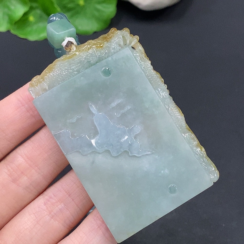 HUILIU HQ jadeite enlightenment pendant weighing about 90g with rope, showcasing smooth green jade with natural variations.