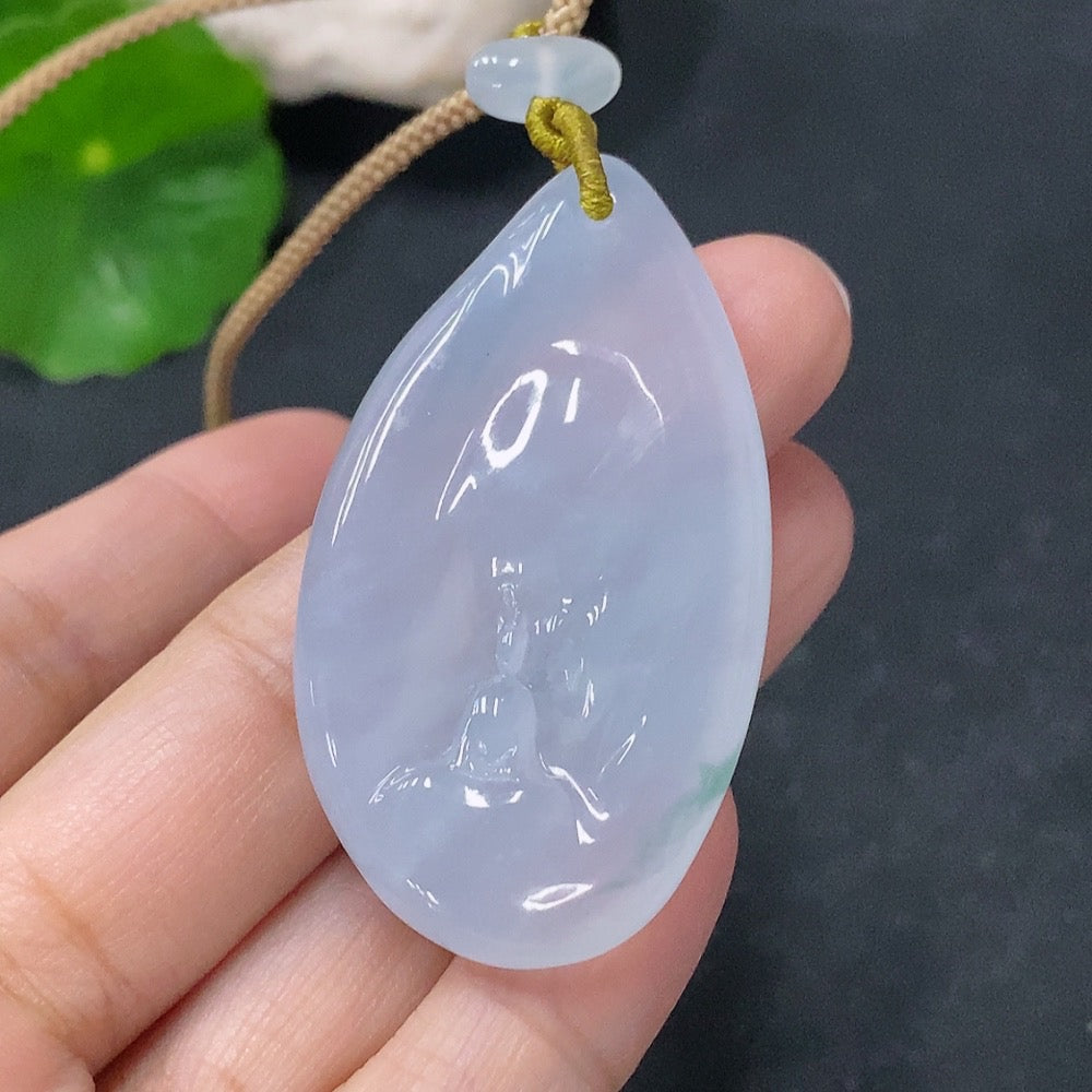 Jadeite Guanyin pendant with a formless, abstract design, crafted by HUILIU HQ, showcasing smooth jade texture and natural color variations.