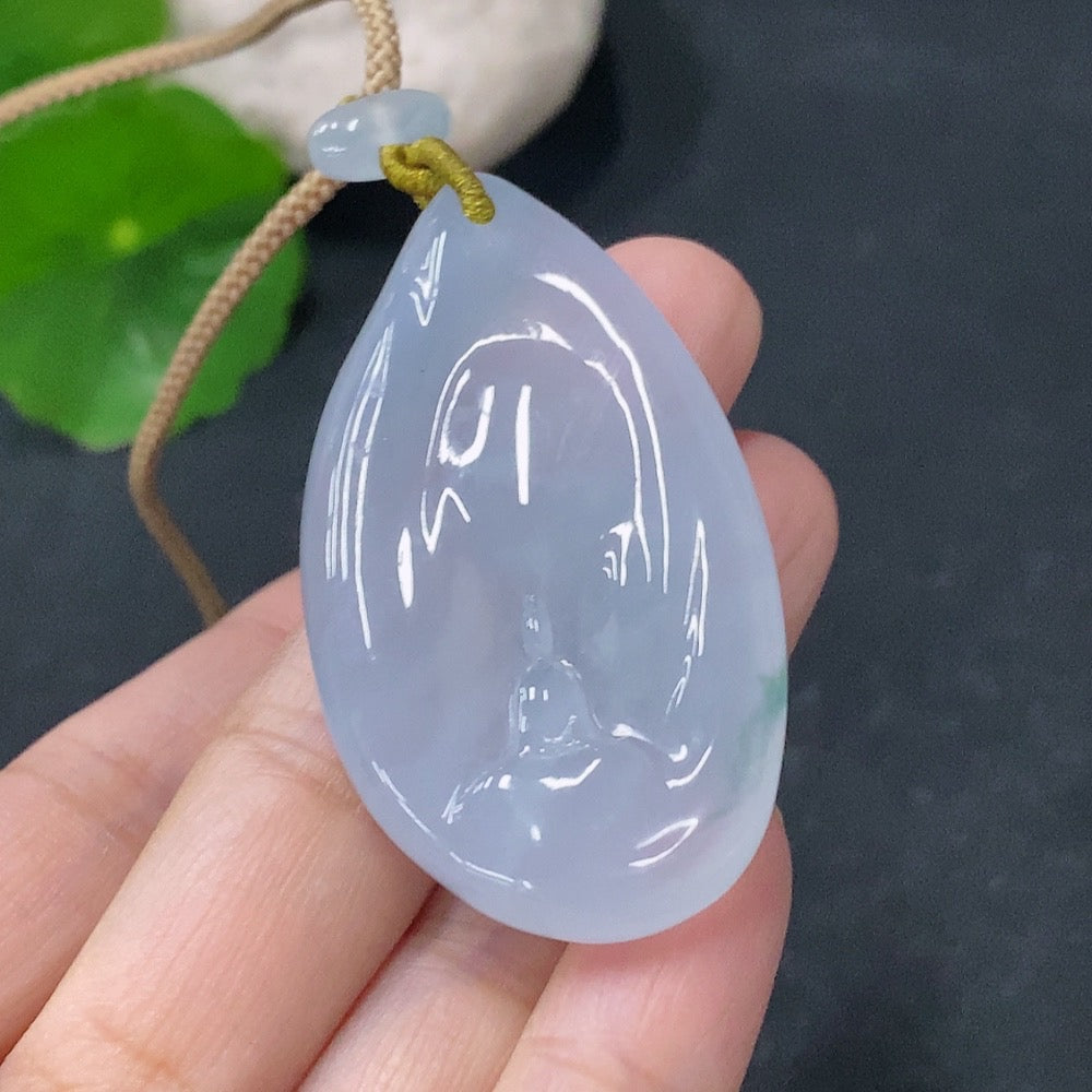 Jadeite Formless Guanyin pendant in green jade, featuring a smooth, abstract design, crafted by HUILIU HQ.