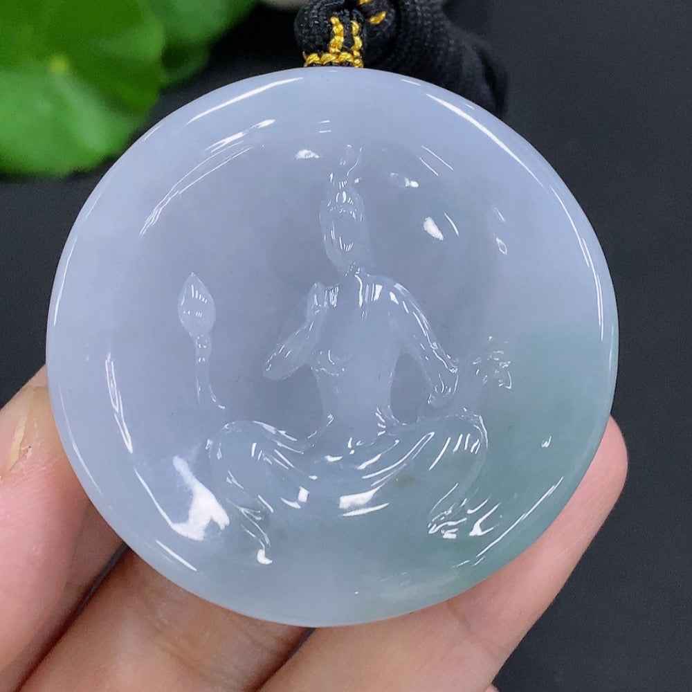Jadeite Formless Guanyin pendant with cord, crafted from jade, weighing about 86.2g, by HUILIU HQ, displayed on a neutral background.