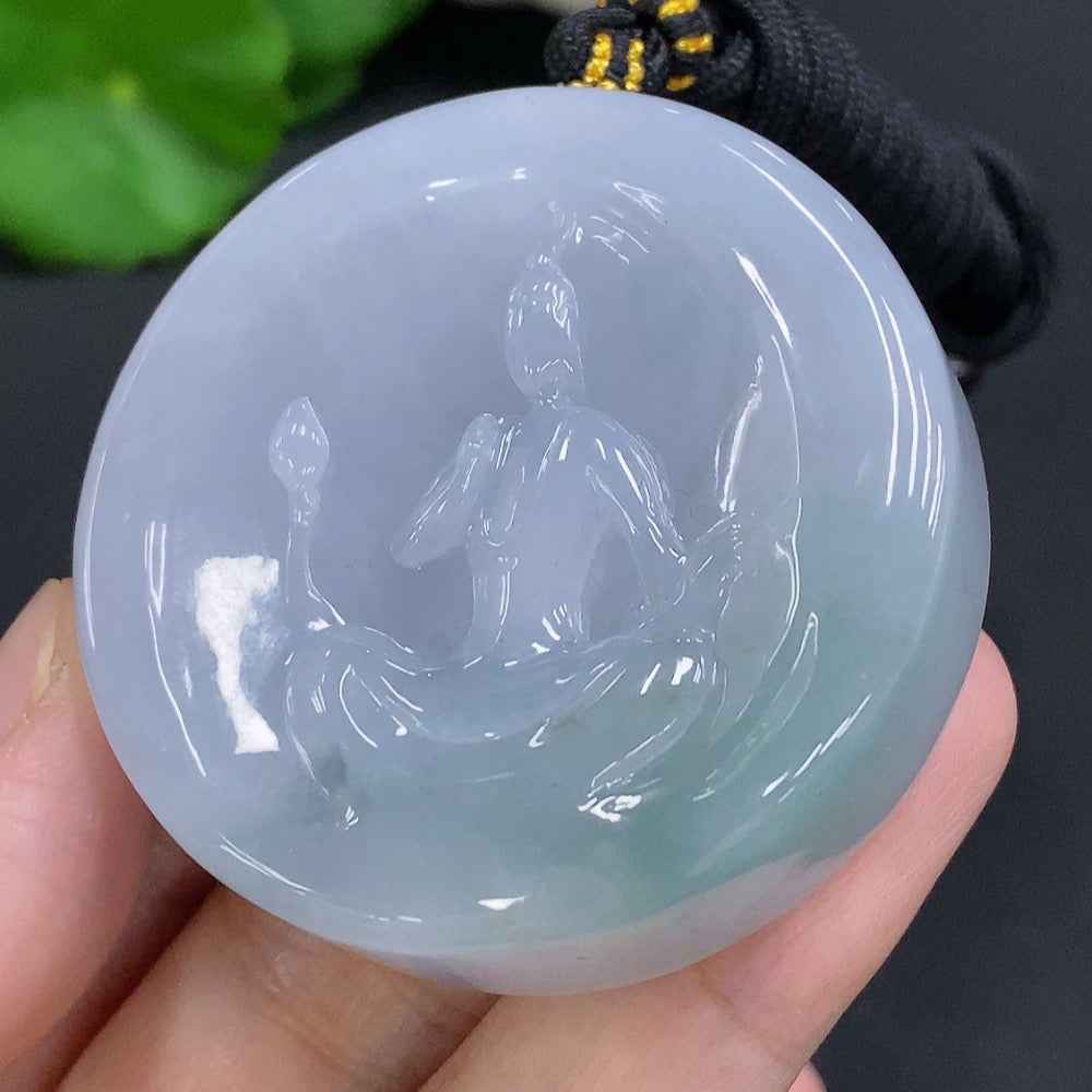 Jadeite Guanyin pendant with cord, crafted by HUILIU HQ, weighing approximately 86.2g, featuring smooth, formless design.