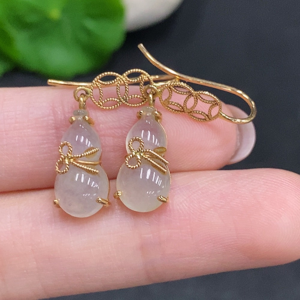 Huiliu certified jadeite gourd inlaid earrings with intricate design, showcasing vibrant green jade and delicate craftsmanship.