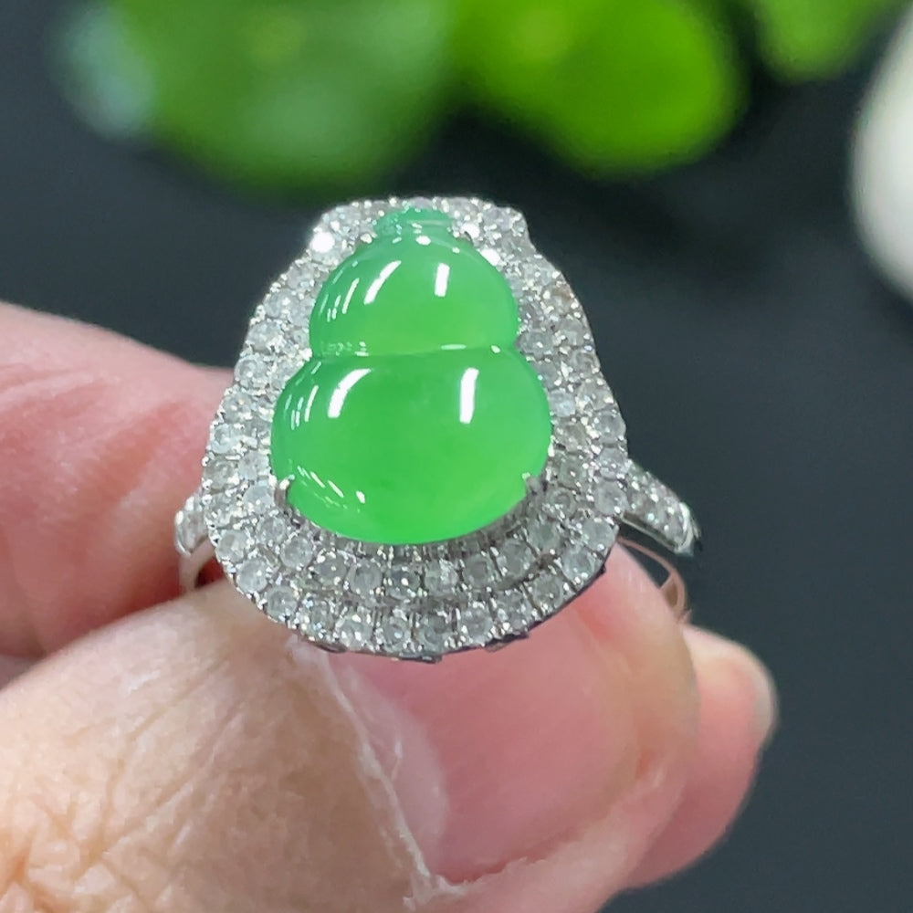 HUILIU HQ jadeite gourd pendant ring with 18k gold and diamond inlay, dual-purpose style, size 14, weight 3.45g.