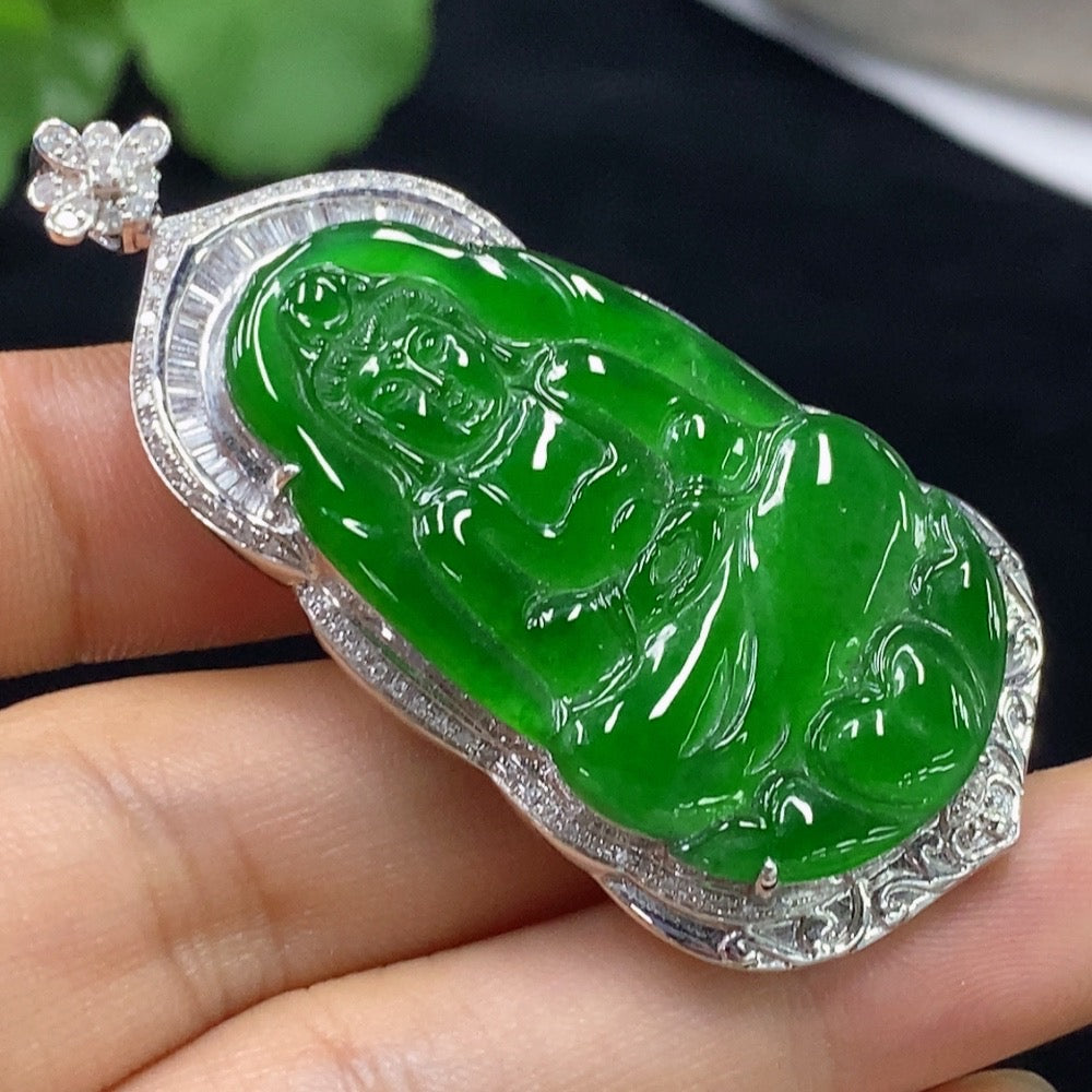 Huiliu HQ Jadeite Guanyin pendant with inlaid diamonds, featuring intricate carved jade figure, certified by Huiliu.