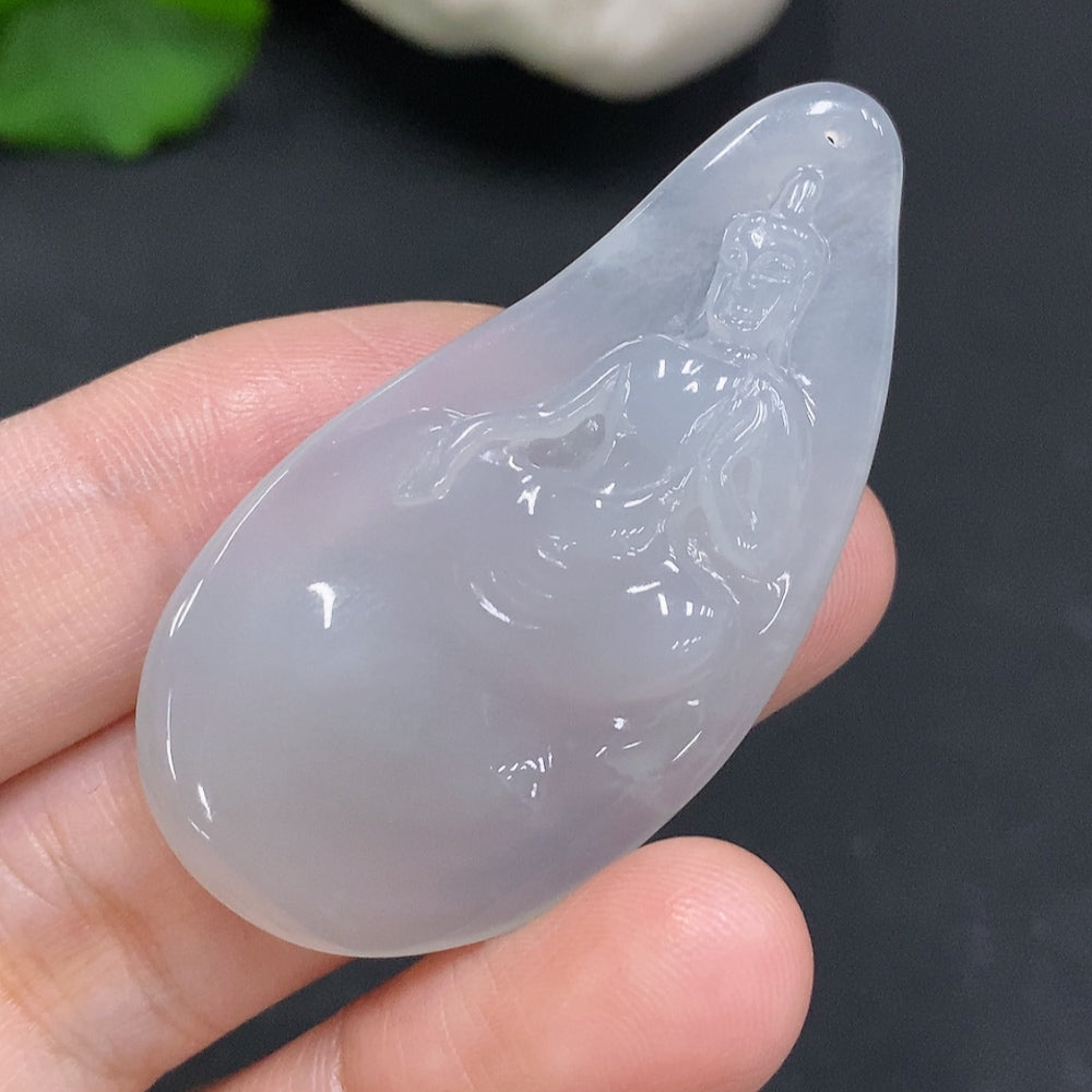 Huiliu certified jadeite Guanyin pendant featuring a detailed carved figure, showcasing smooth green jade craftsmanship.