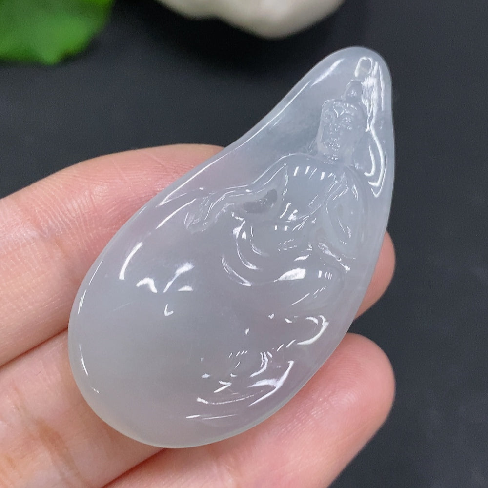 Huiliu certified jadeite Guanyin pendant featuring detailed carved figure, traditional Asian jewelry design.