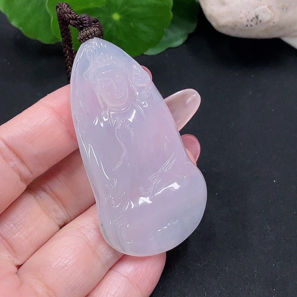 Huiliu Certified Jadeite Guanyin Pendant with Rope Weight, featuring detailed carved design on smooth green jade.