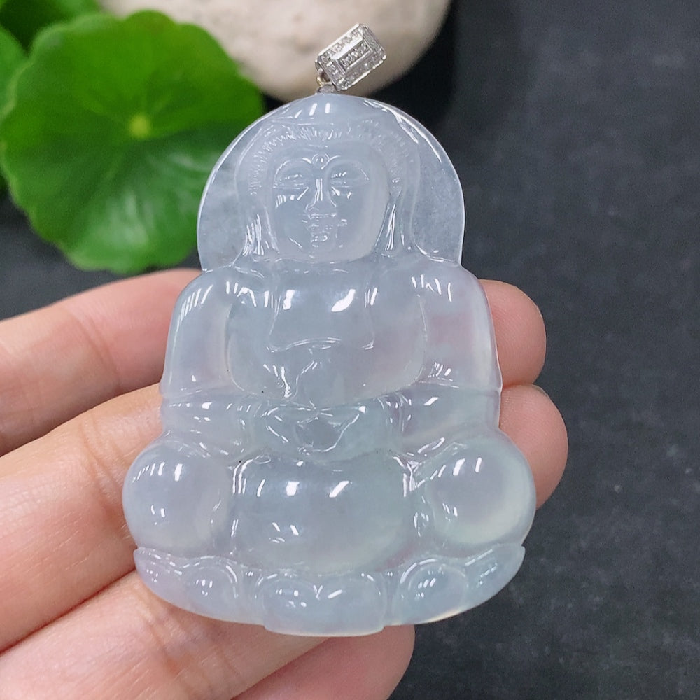 Jadeite Guanyin pendant with an 18K gold clasp, weighs approximately 15.8g, crafted from high-quality jade by HUILIU HQ.