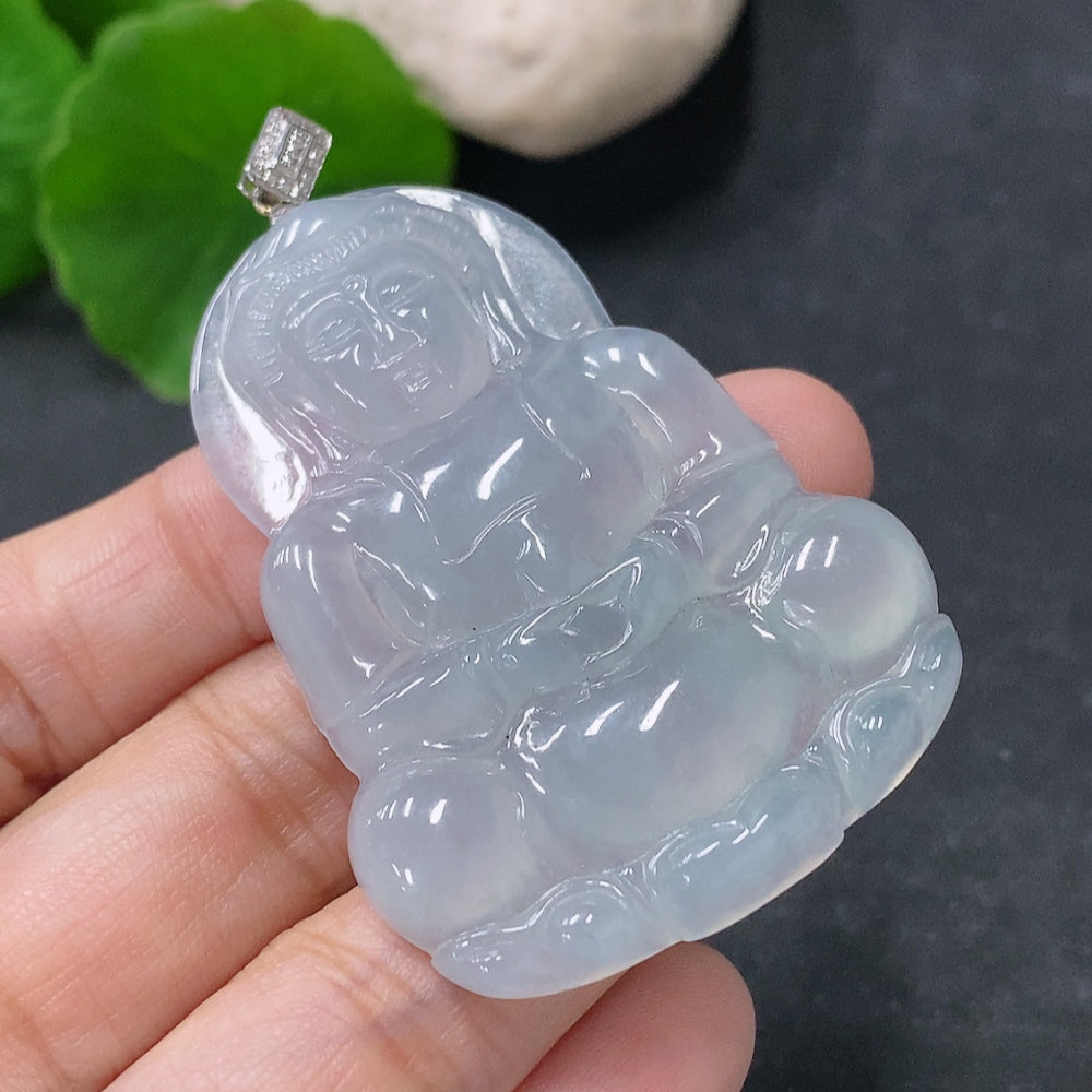 Jadeite Guanyin pendant with 18K gold clasp, weighs approximately 15.8g, crafted from high-quality jade, detailed religious figure design.