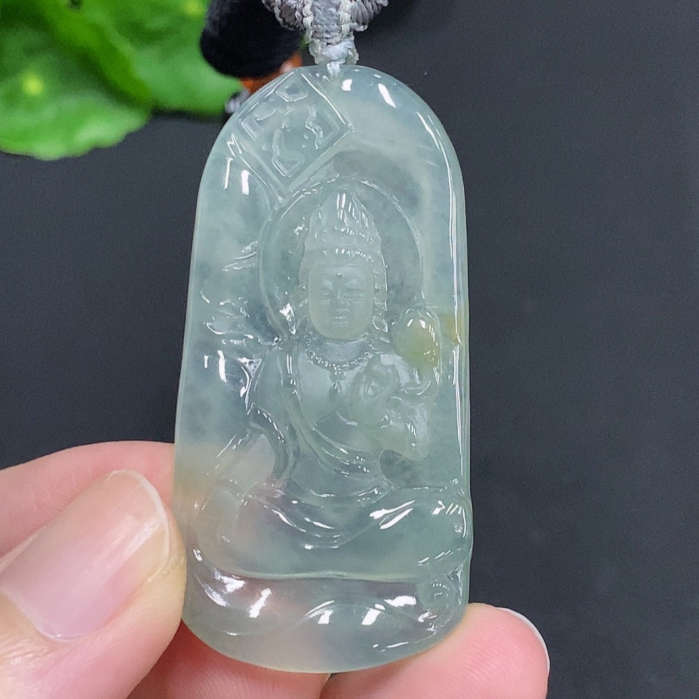 HUILIU HQ jadeite Guanyin pendant with rope, weighing approximately 15.8g, featuring intricate carved details in vibrant green jade.