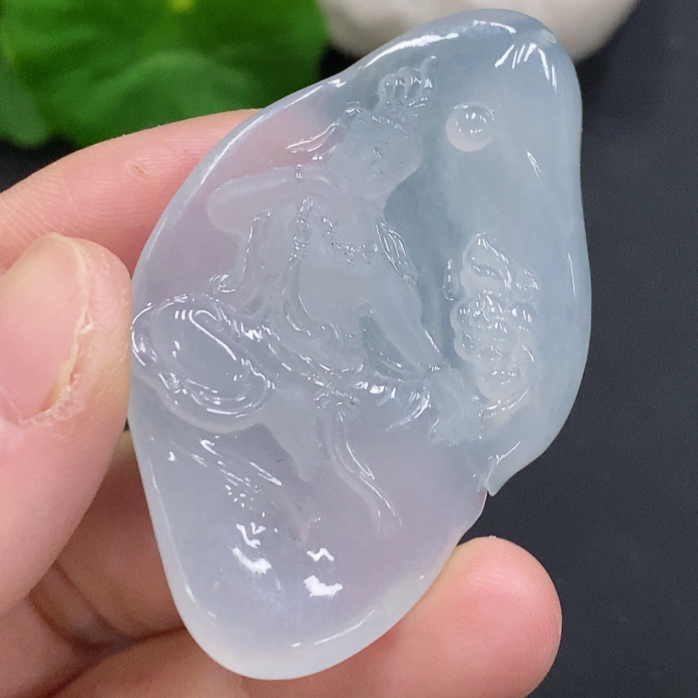 Jadeite Guanyin pendant crafted from jade, weighing approximately 15.9g, featuring detailed sculpture of the Buddhist deity.