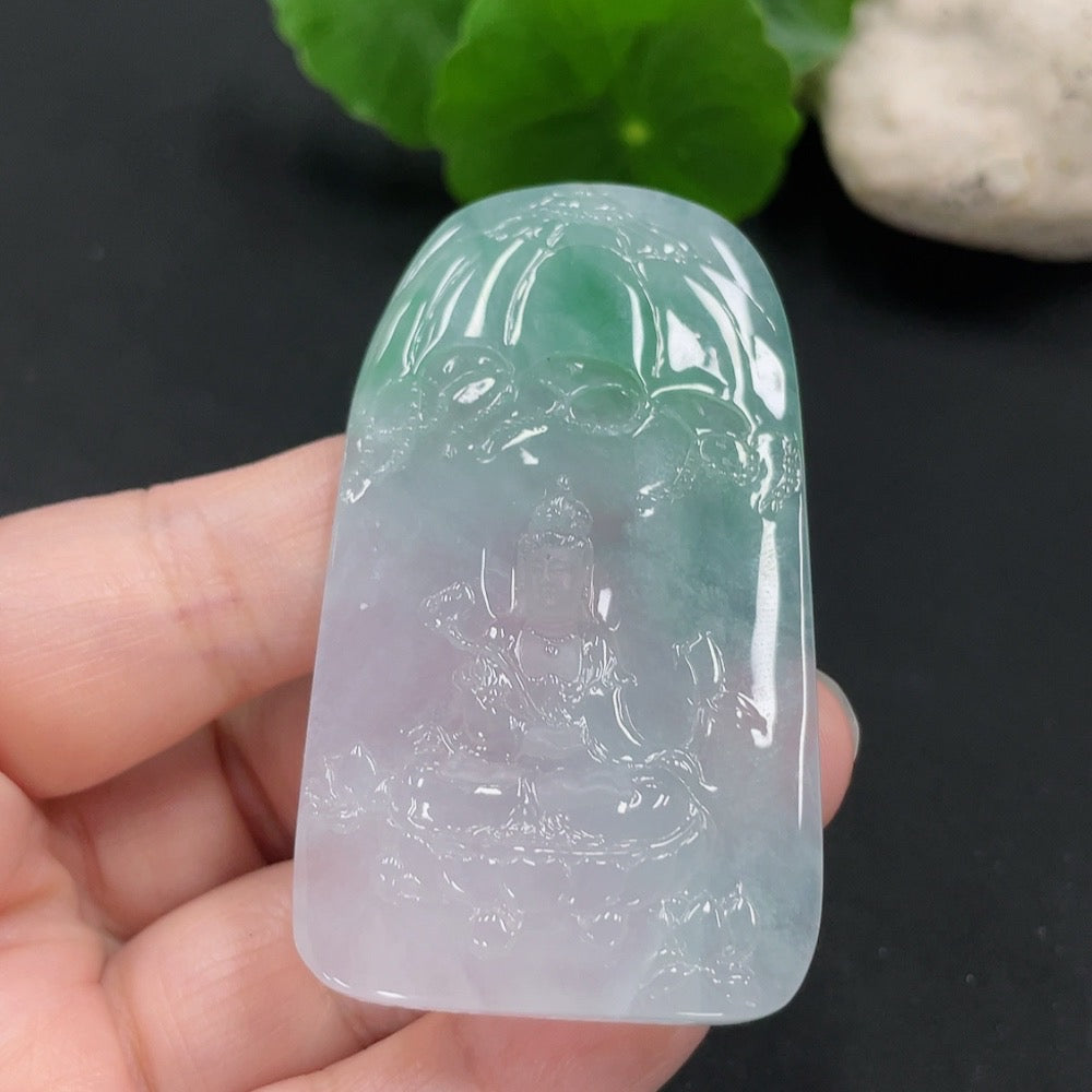 Jadeite Guanyin pendant from HUILIU HQ, detailed carved figure, weighs approximately 28.8g, made of smooth green jade.