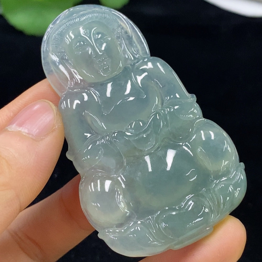 Jadeite Guanyin pendant from HUILIU HQ, carved in jade, weighing approximately 30.36g, featuring intricate details of the goddess figure.