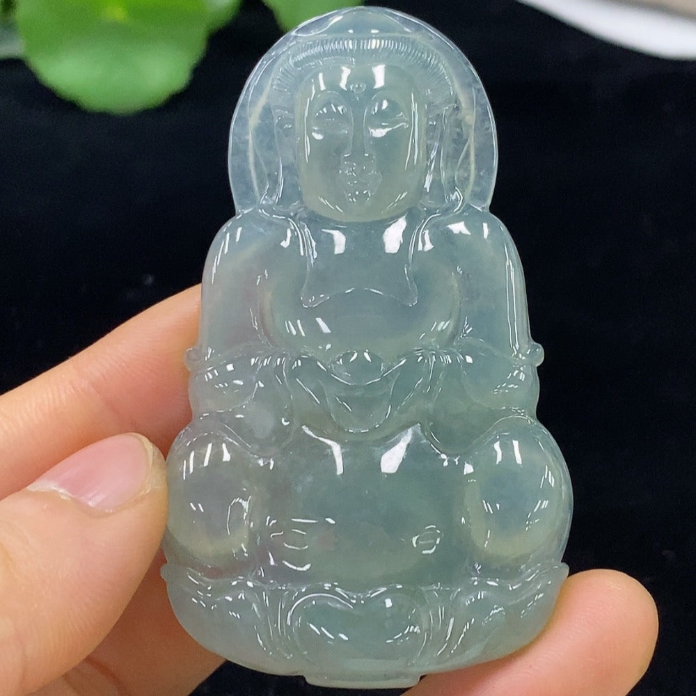 Jadeite Guanyin pendant from HUILIU HQ, detailed carved figure, weighs approximately 30.36g, made of smooth green jade.
